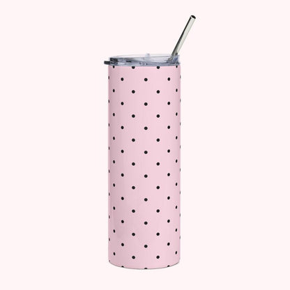 Insulated Polka Dot Water Bottle 20oz Stainless Steel Travel Tumbler with Reusable Metal Straw