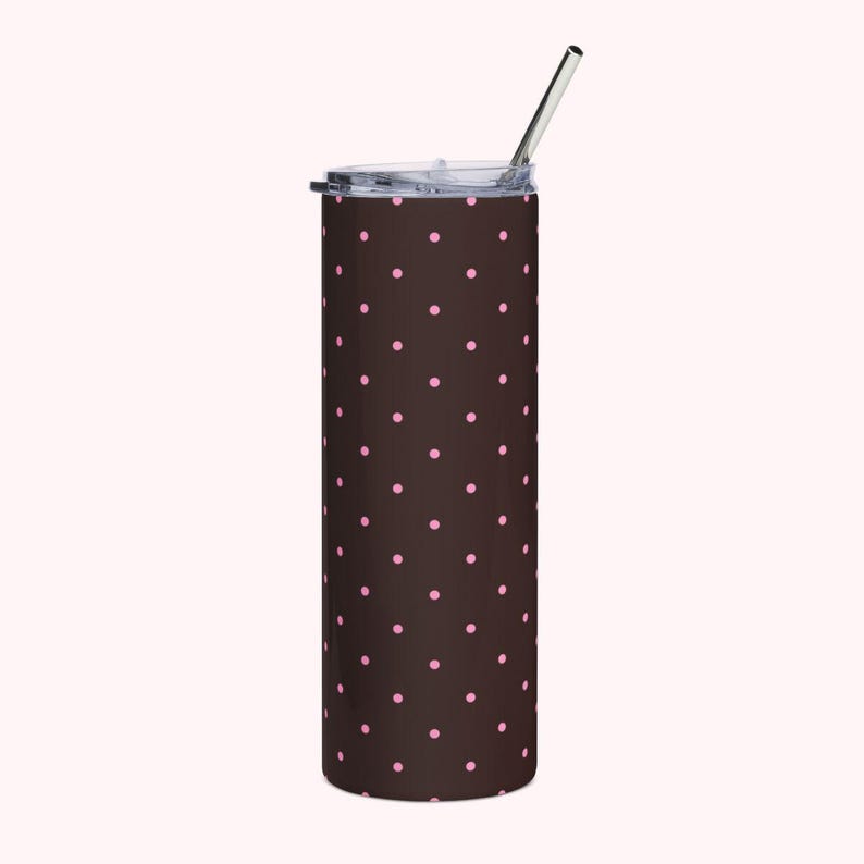 Insulated Polka Dot Water Bottle 20oz Stainless Steel Travel Tumbler with Reusable Metal Straw