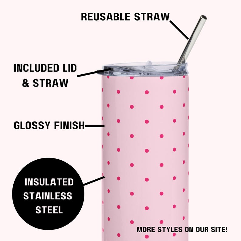 Insulated Polka Dot Water Bottle 20oz Stainless Steel Travel Tumbler with Reusable Metal Straw