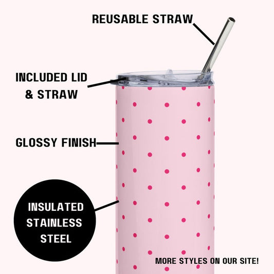 Insulated Polka Dot Water Bottle 20oz Stainless Steel Travel Tumbler with Reusable Metal Straw