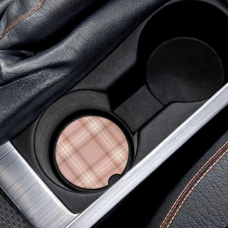 Universal Fit Brown & Pink Plaid Car Coasters, 1 or 2 Count Car Accessories
