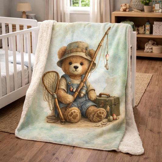 Fishing Nursery Sherpa Blanket, Teddy Bear Baby Boy Throw, Watercolor Fisherman Baby Gift, Rustic Lake House Nursery Decor