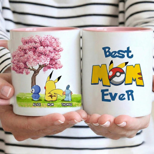 Personalized Poke Character Mom Mug, Best Mom Ever Coffee Cup, Custom Name Mother's Day Gift From Kids, New Mom Gift