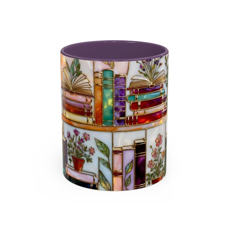 Floral Bookish Stained-Glass Style Mug, Book Lover Gift, Library Aesthetic Cup, Reading Mug