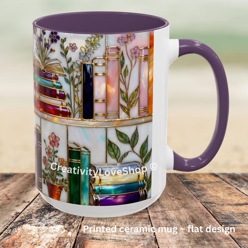 Floral Bookish Stained-Glass Style Mug, Book Lover Gift, Library Aesthetic Cup, Reading Mug