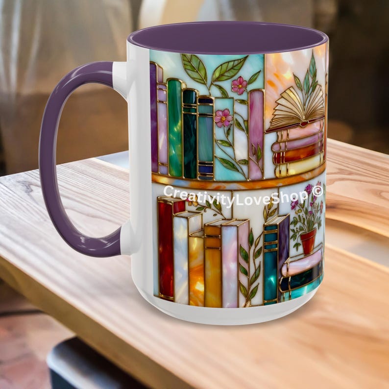 Floral Bookish Stained-Glass Style Mug, Book Lover Gift, Library Aesthetic Cup, Reading Mug