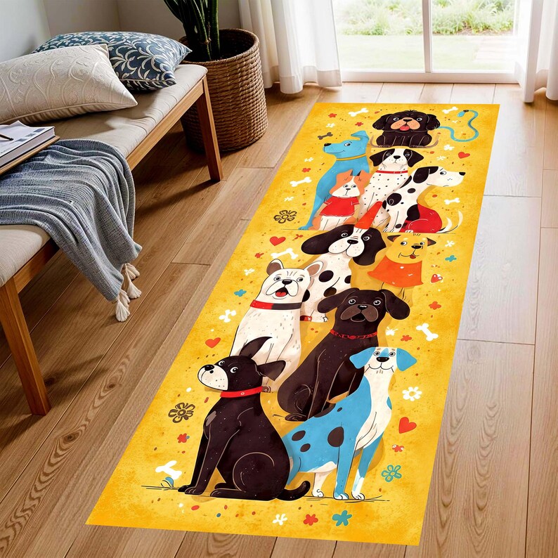 Whimsical Dog Parade Runner Rug: Yellow Cartoon Dogs Hallway Carpet, Non-Slip Machine-Washable