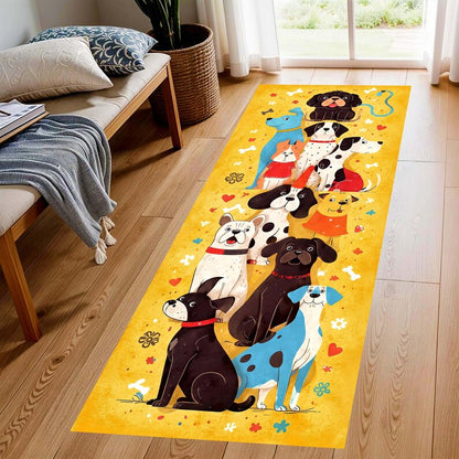 Whimsical Dog Parade Runner Rug: Yellow Cartoon Dogs Hallway Carpet, Non-Slip Machine-Washable