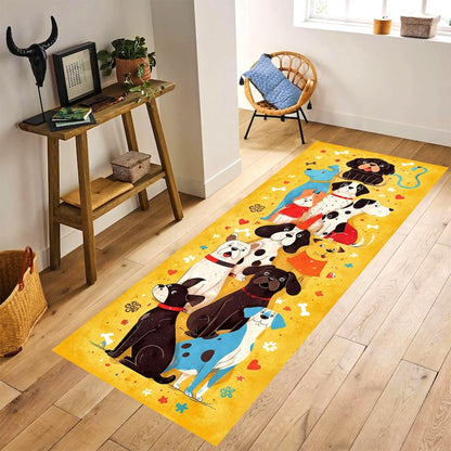 Whimsical Dog Parade Runner Rug: Yellow Cartoon Dogs Hallway Carpet, Non-Slip Machine-Washable