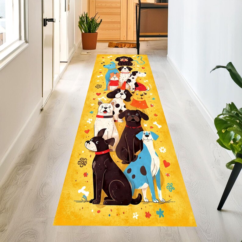Whimsical Dog Parade Runner Rug: Yellow Cartoon Dogs Hallway Carpet, Non-Slip Machine-Washable