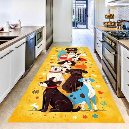 Whimsical Dog Parade Runner Rug: Yellow Cartoon Dogs Hallway Carpet, Non-Slip Machine-Washable