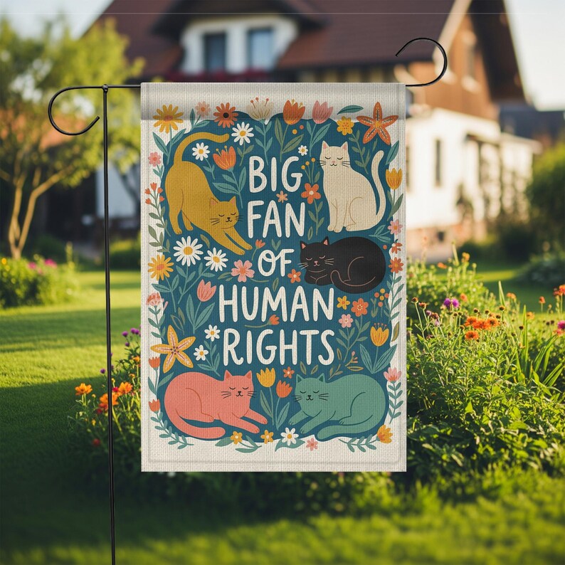 Cat Human Rights Garden Flag: Retro Floral Yard Decor