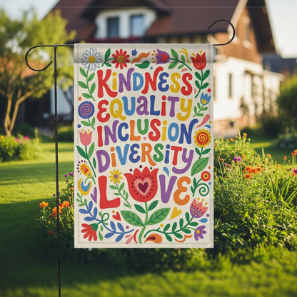 Social Justice Garden Flag: Kindness Equality Inclusion Diversity Love, Retro Floral Yard Sign