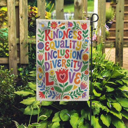 Social Justice Garden Flag: Kindness Equality Inclusion Diversity Love, Retro Floral Yard Sign