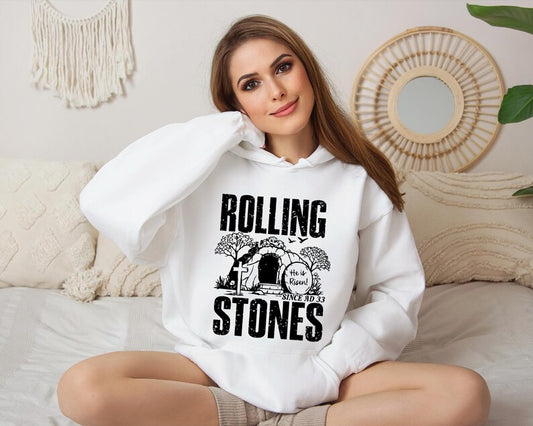 Rolling Stones Christian Hoodie, He Is Risen Easter Hoodie, Retro Tomb Graphic Hoodie, Faith Based Apparel, Religious Outfit