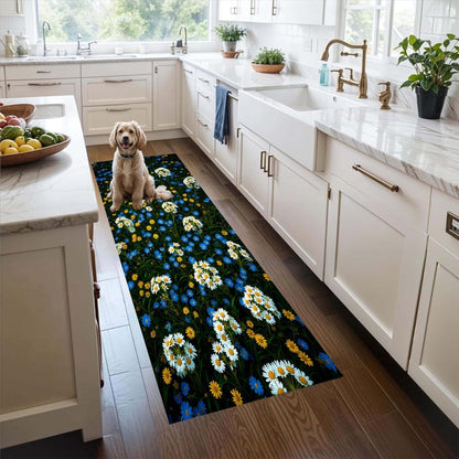 Wildflower Daisy Runner Rug: Blue Yellow Floral Meadow Hallway Carpet, Machine-Washable Non-Slip