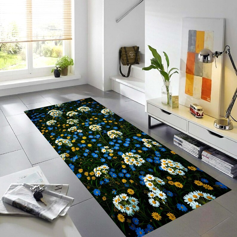 Wildflower Daisy Runner Rug: Blue Yellow Floral Meadow Hallway Carpet, Machine-Washable Non-Slip