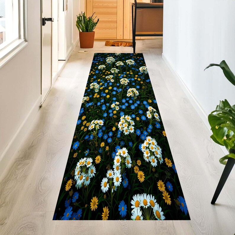 Wildflower Daisy Runner Rug: Blue Yellow Floral Meadow Hallway Carpet, Machine-Washable Non-Slip