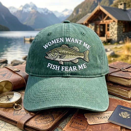 Washed Cotton Trout Fishing Hat, "Women Want Me Fish Fear Me" Embroidery