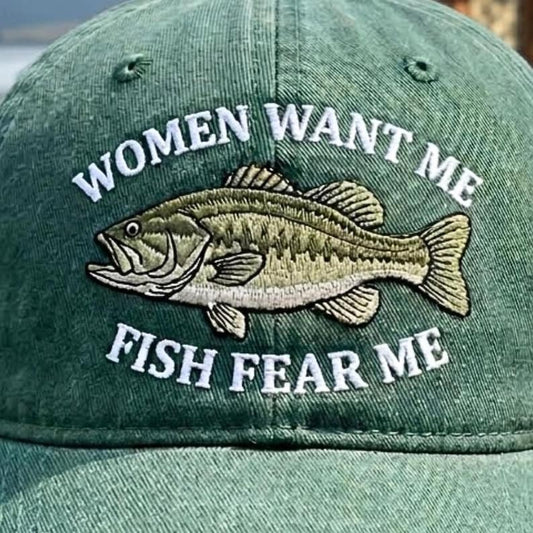 Washed Cotton Trout Fishing Hat, "Women Want Me Fish Fear Me" Embroidery