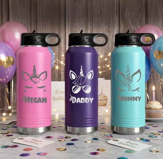 Custom Unicorn Tumblers,Personalized Birthday Girl Water Bottles,Matching Unicorn Birthday Party Gifts,Unicorn Crown Birthday Cups