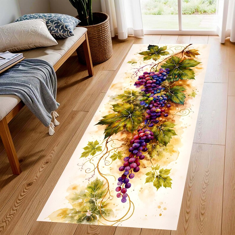 Watercolor Grape Vine Runner Rug: Vineyard Botanical Kitchen Carpet, Non-Slip Machine-Washable