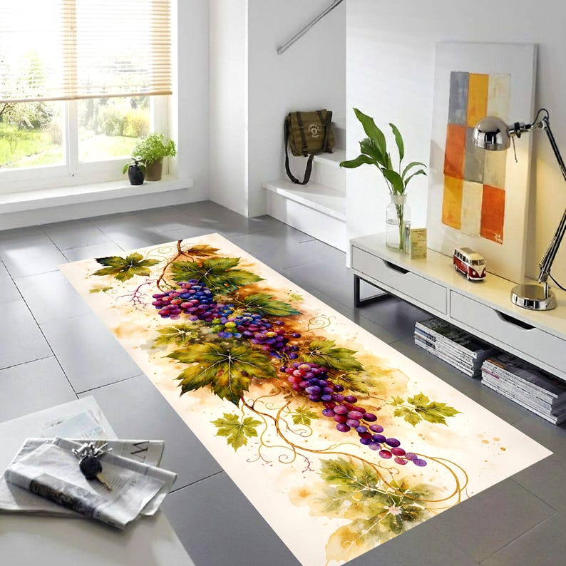 Watercolor Grape Vine Runner Rug: Vineyard Botanical Kitchen Carpet, Non-Slip Machine-Washable