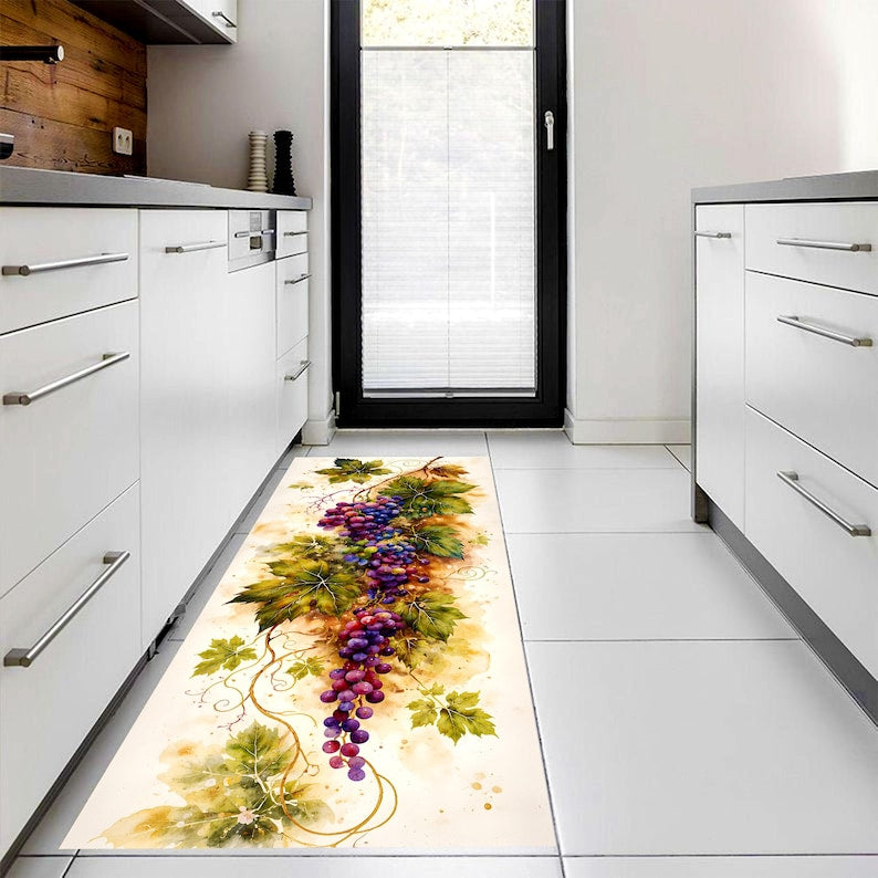 Watercolor Grape Vine Runner Rug: Vineyard Botanical Kitchen Carpet, Non-Slip Machine-Washable