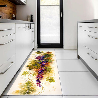 Watercolor Grape Vine Runner Rug: Vineyard Botanical Kitchen Carpet, Non-Slip Machine-Washable