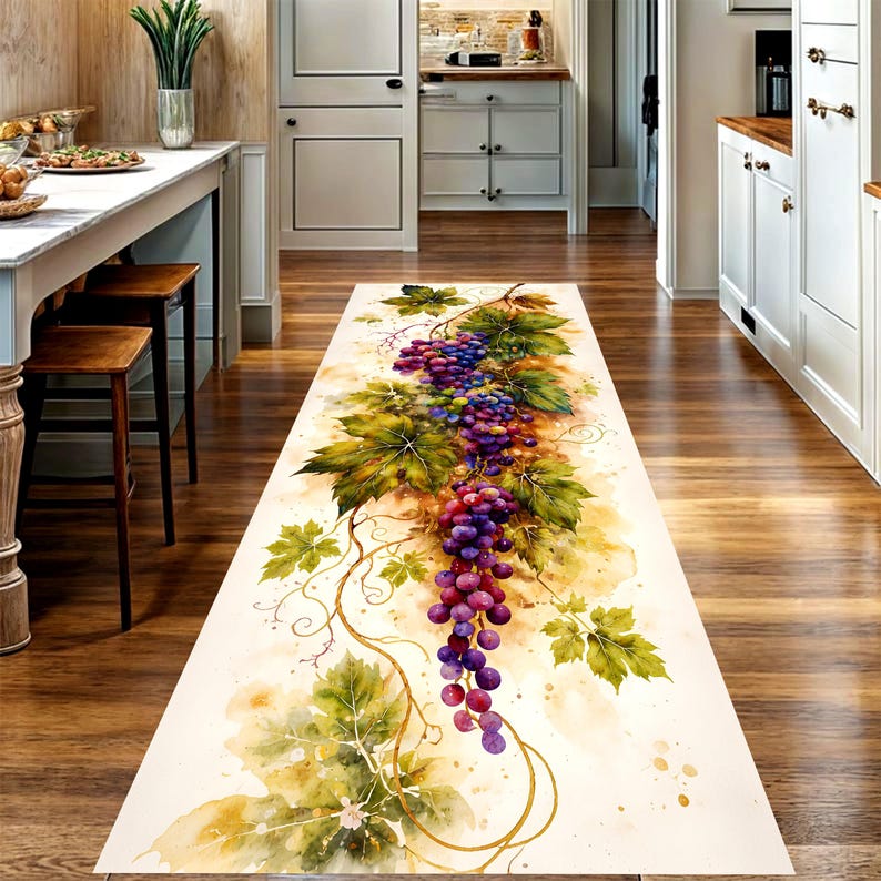Watercolor Grape Vine Runner Rug: Vineyard Botanical Kitchen Carpet, Non-Slip Machine-Washable
