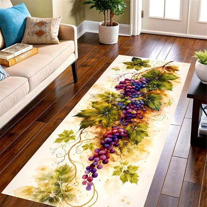 Watercolor Grape Vine Runner Rug: Vineyard Botanical Kitchen Carpet, Non-Slip Machine-Washable