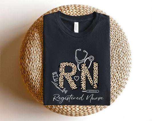 Leopard Print RN Shirt, Registered Nurse T-Shirt, Nursing School Gift, Nurse Appreciation Tee, Medical Stethoscope Top, Nurse Life Hoodie
