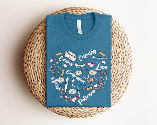 Caring Empathy Love Compassion Patience Nurse Shirt, Cute Heart Nurse Day Gift, Nurse Appreciation Shirt, Nurse Week Sweater, Gift for Women
