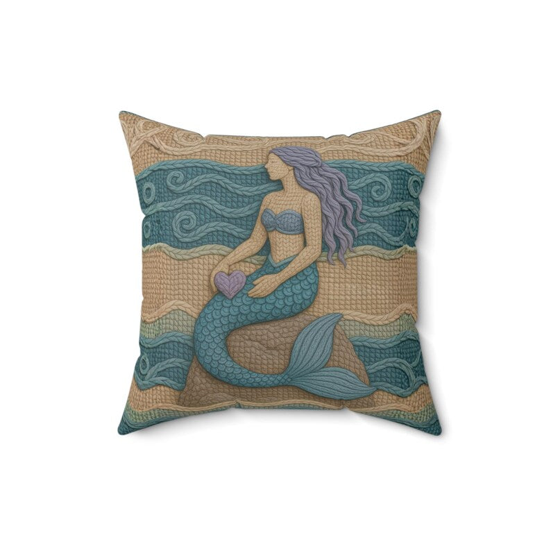 Mermaid Throw Pillow Coastal Boho Decor, Macrame Style Inspired Ocean Cushion, Neutral Beach House Accent