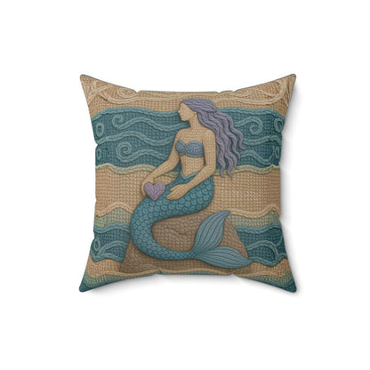 Mermaid Throw Pillow Coastal Boho Decor, Macrame Style Inspired Ocean Cushion, Neutral Beach House Accent