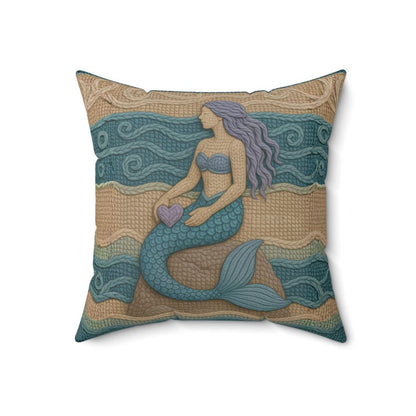 Mermaid Throw Pillow Coastal Boho Decor, Macrame Style Inspired Ocean Cushion, Neutral Beach House Accent