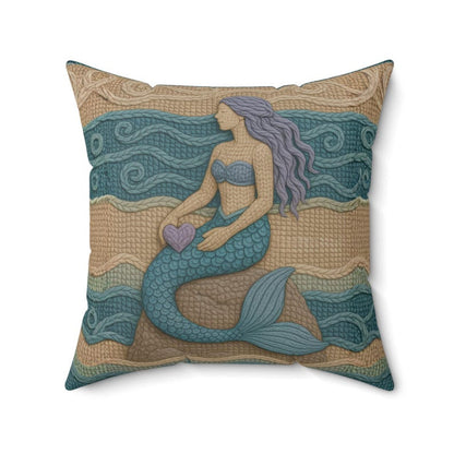 Mermaid Throw Pillow Coastal Boho Decor, Macrame Style Inspired Ocean Cushion, Neutral Beach House Accent