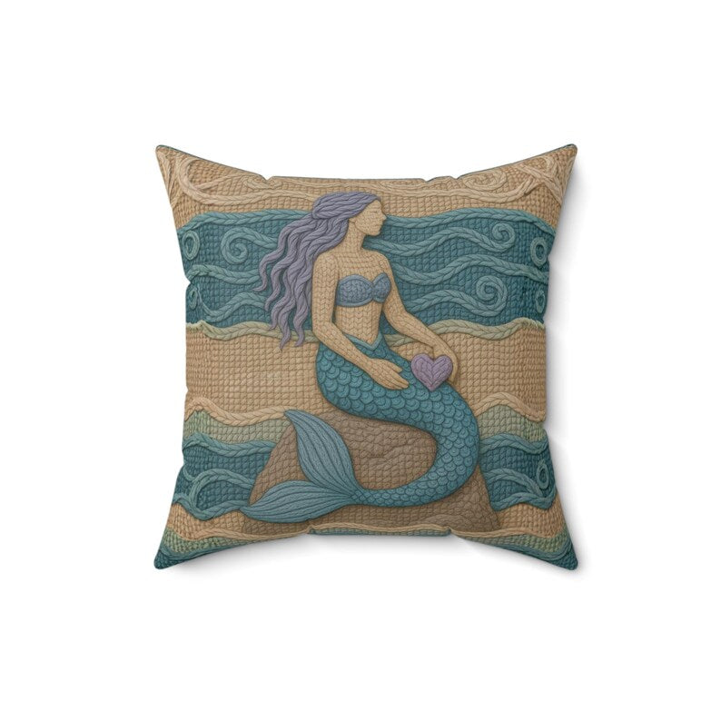 Mermaid Throw Pillow Coastal Boho Decor, Macrame Style Inspired Ocean Cushion, Neutral Beach House Accent