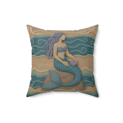 Mermaid Throw Pillow Coastal Boho Decor, Macrame Style Inspired Ocean Cushion, Neutral Beach House Accent