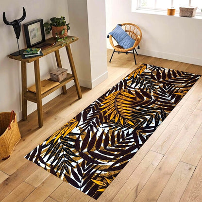 Golden Tropical Foliage Runner Rug: Dark Botanical Hallway Carpet, Non-Slip Machine-Washable
