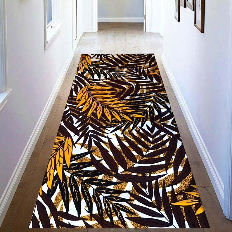 Golden Tropical Foliage Runner Rug: Dark Botanical Hallway Carpet, Non-Slip Machine-Washable