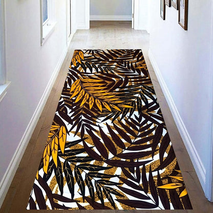 Golden Tropical Foliage Runner Rug: Dark Botanical Hallway Carpet, Non-Slip Machine-Washable
