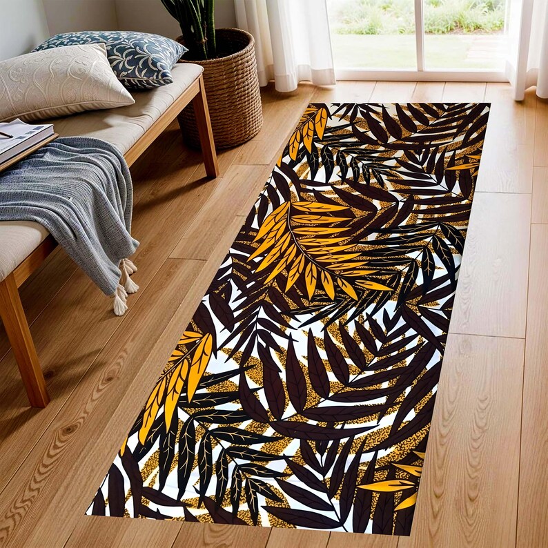 Golden Tropical Foliage Runner Rug: Dark Botanical Hallway Carpet, Non-Slip Machine-Washable