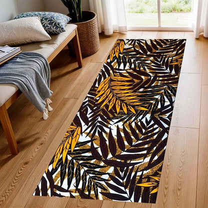 Golden Tropical Foliage Runner Rug: Dark Botanical Hallway Carpet, Non-Slip Machine-Washable