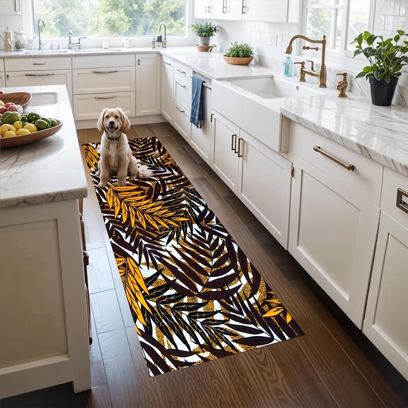 Golden Tropical Foliage Runner Rug: Dark Botanical Hallway Carpet, Non-Slip Machine-Washable
