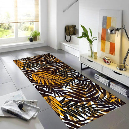 Golden Tropical Foliage Runner Rug: Dark Botanical Hallway Carpet, Non-Slip Machine-Washable