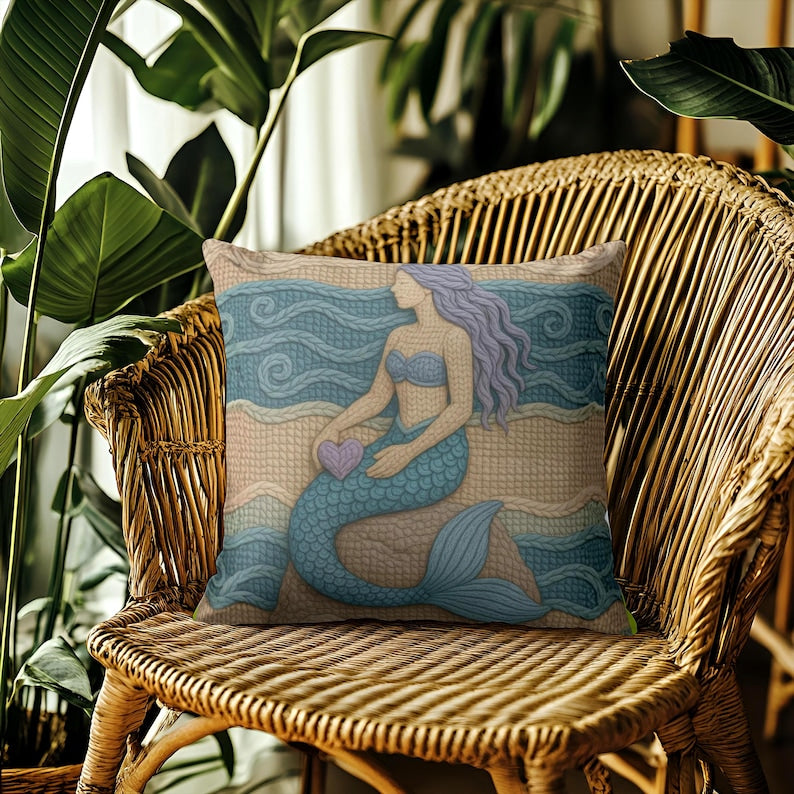 Mermaid Throw Pillow Coastal Boho Decor, Macrame Style Inspired Ocean Cushion, Neutral Beach House Accent