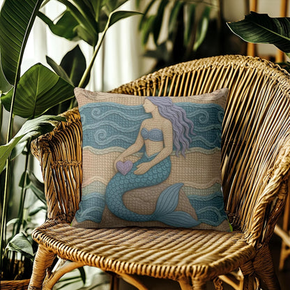 Mermaid Throw Pillow Coastal Boho Decor, Macrame Style Inspired Ocean Cushion, Neutral Beach House Accent