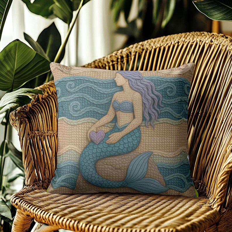 Mermaid Throw Pillow Coastal Boho Decor, Macrame Style Inspired Ocean Cushion, Neutral Beach House Accent