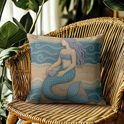 Mermaid Throw Pillow Coastal Boho Decor, Macrame Style Inspired Ocean Cushion, Neutral Beach House Accent